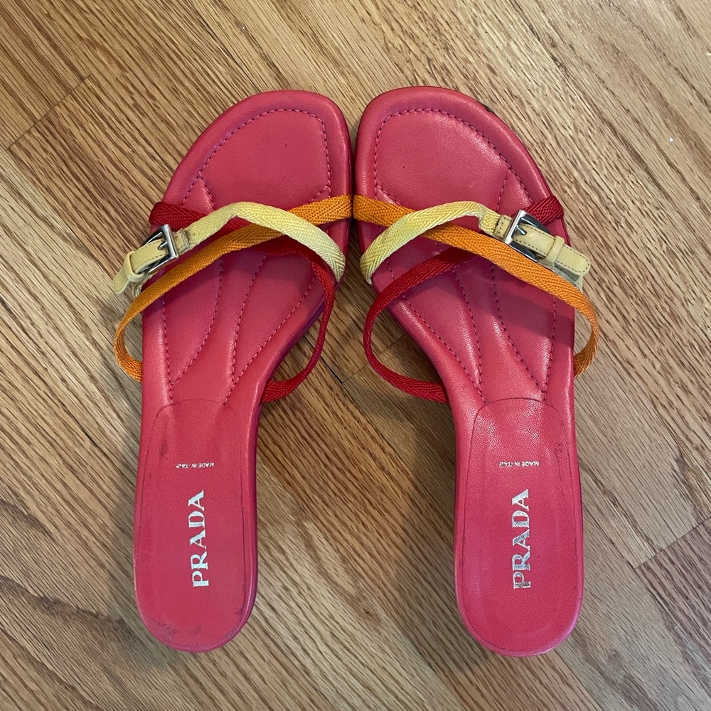 Prada Women's Pink and Yellow Strappy Kitten Heel Sandals